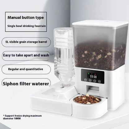 Smart pet feeder with stainless steel bowl and 5L capacity reservoir in multiple control versions