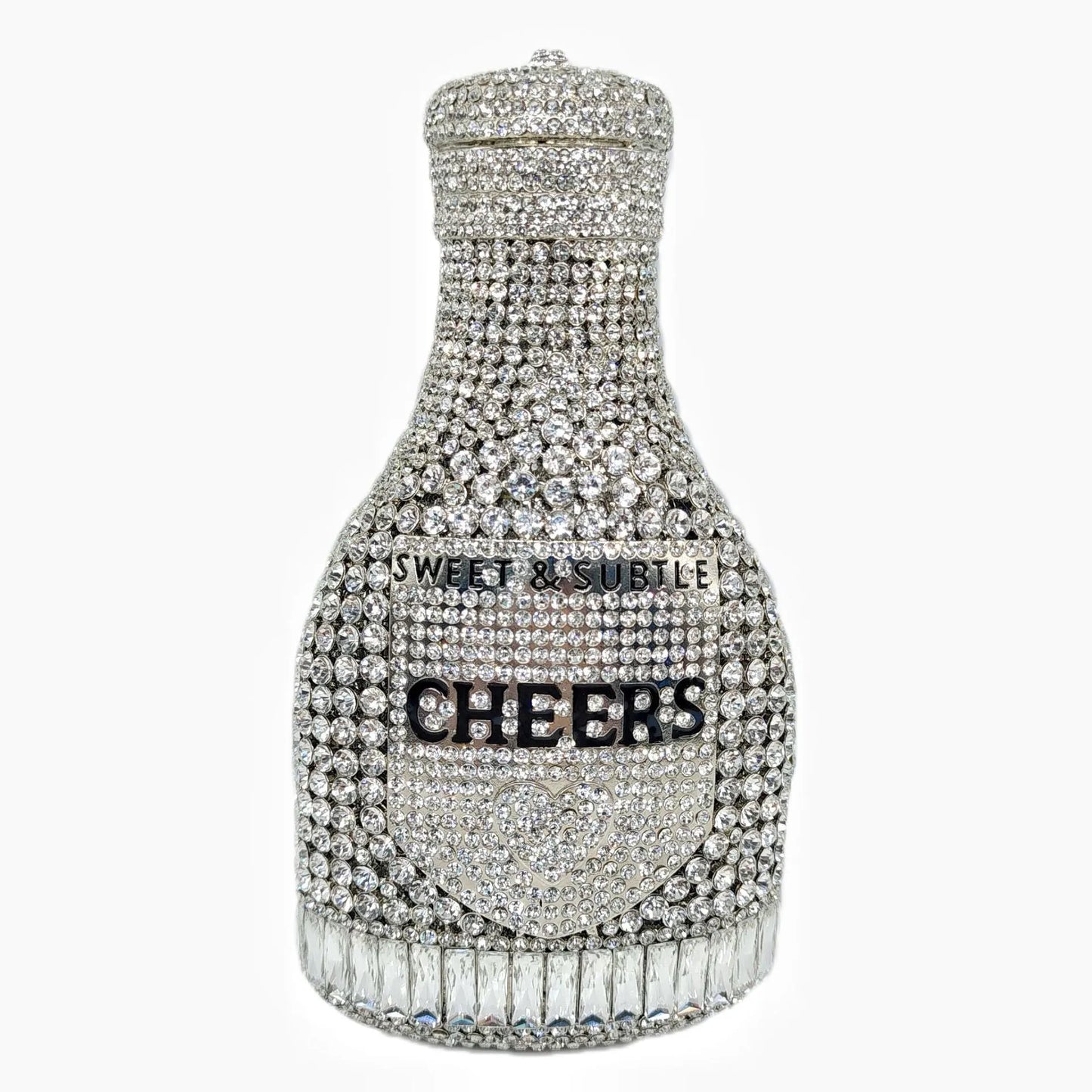 Gold hard-shell clutch bag shaped like a champagne bottle with a synthetic leather interior.