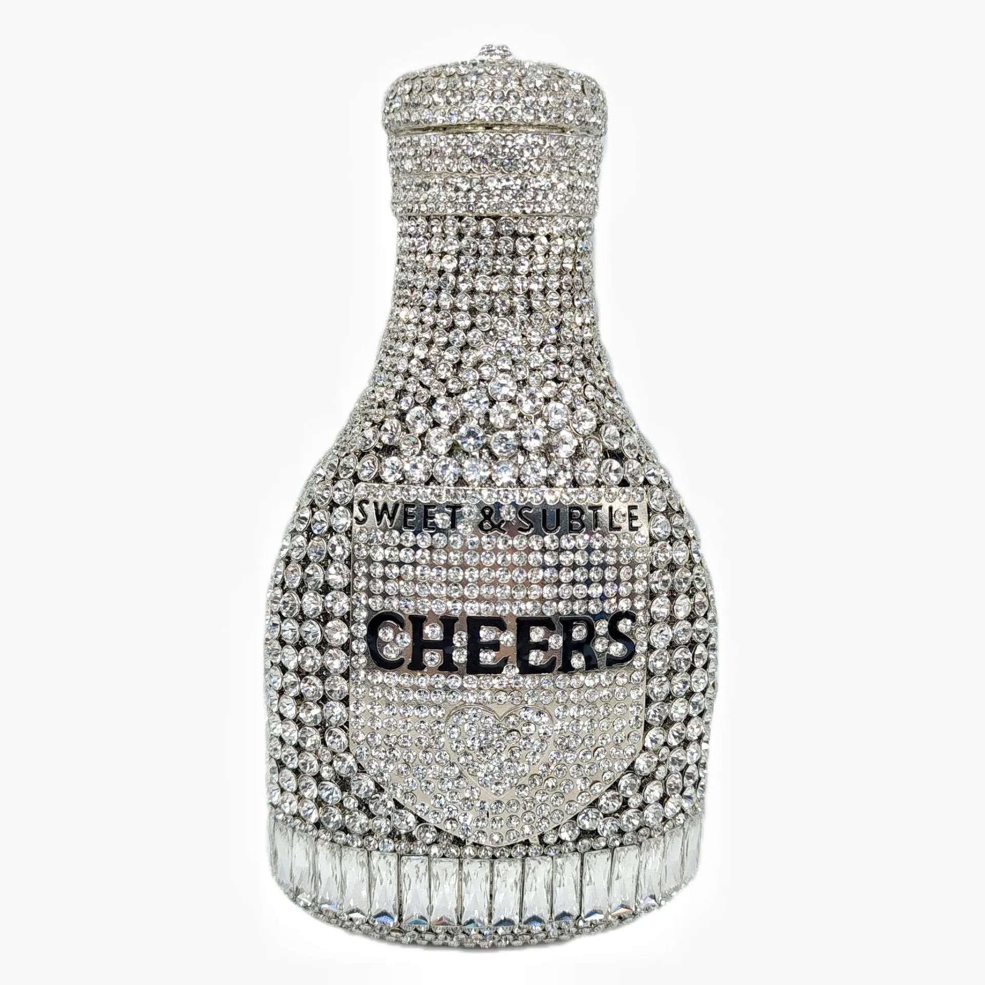 Gold hard-shell clutch bag shaped like a champagne bottle with a synthetic leather interior.