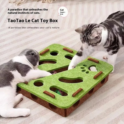 Green brown felt box cat toy with paw holes measuring 30 x 30 x 7.5 cm