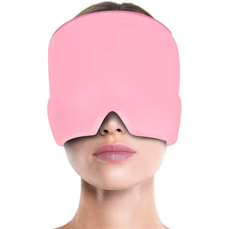 Ice Compress Headache Relief Hat in black and pink, offering 360-degree cold therapy for migraines and stress