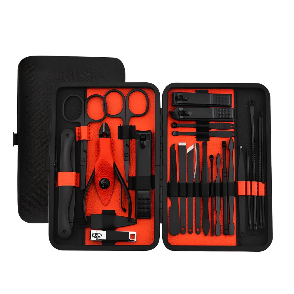Beauty and manicure nail care kit with stainless steel tools in PU leather case showing multiple grooming implements