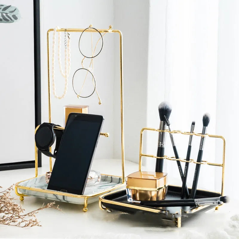 Modern short-style cosmetics storage rack on a desktop, made from iron and ceramic, shown in a choice of colours.