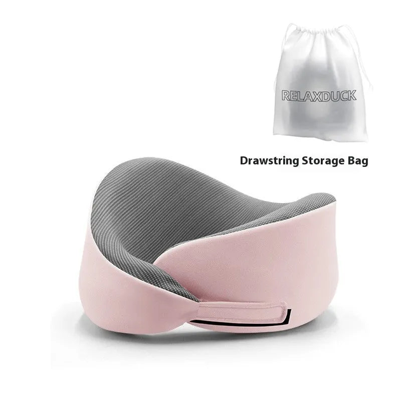Light grey memory foam U-shaped neck pillow with a magnetic cloth protector.