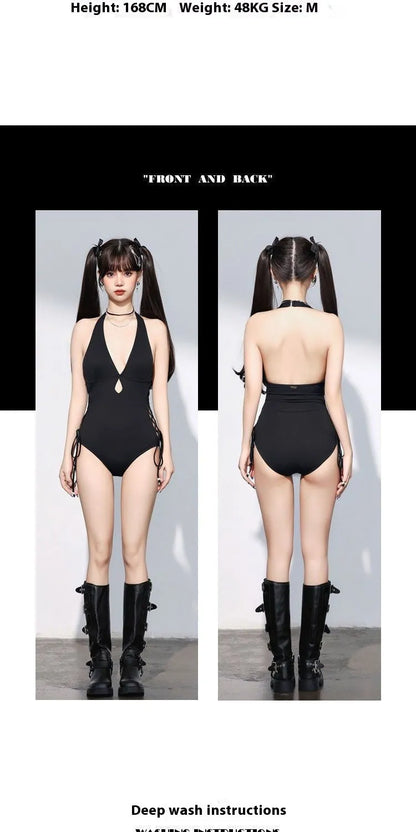 Black women's one-piece swimsuit with V-neck and hollow strap design.