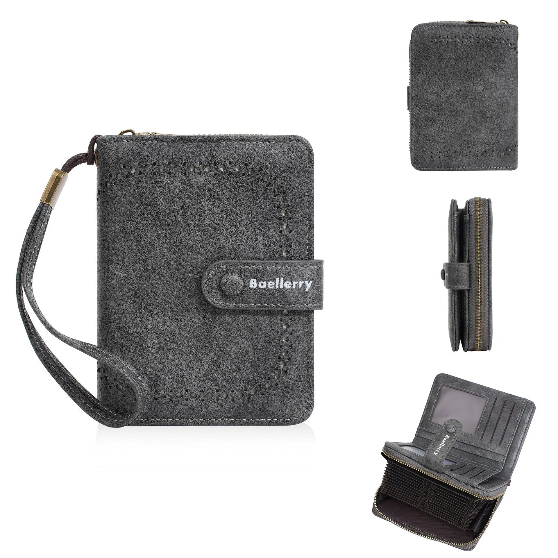 Women's black PU leather zip coin purse wallet with integrated card slots lying flat.