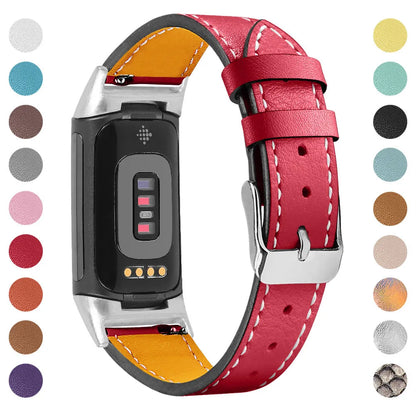 Genuine leather strap for Fitbit charge5/6 smartwatch adjustable 5.5-8.1 inches 16 colours