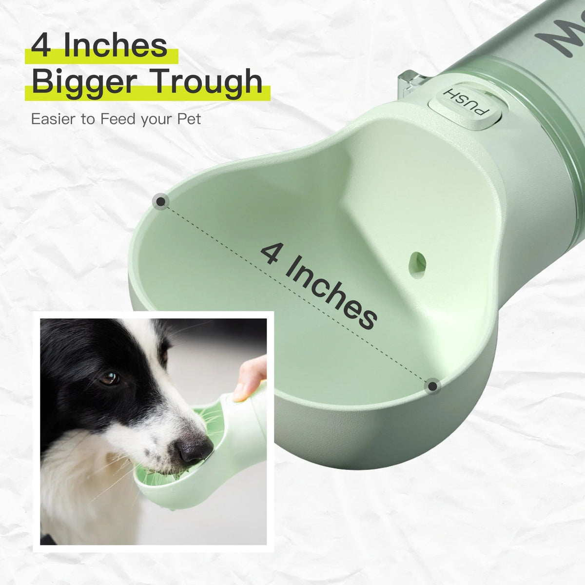 Mewoofun 2-in-1 pet water bottle and feeder bowl in white, green, yellow, and pink