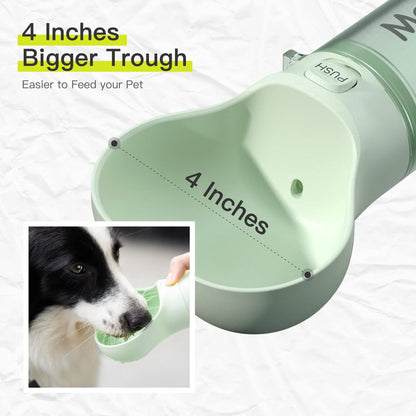 Mewoofun 2-in-1 pet water bottle and feeder bowl in white, green, yellow, and pink