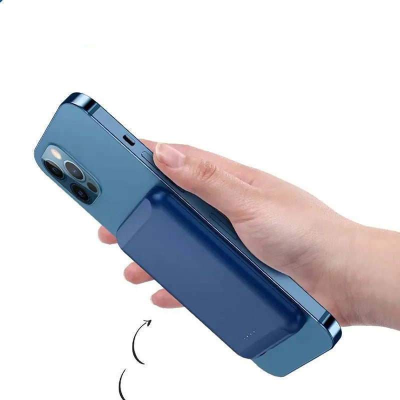 Magnetic wireless power bank in five colour options showing compact 85mm design with 5000mAh capacity