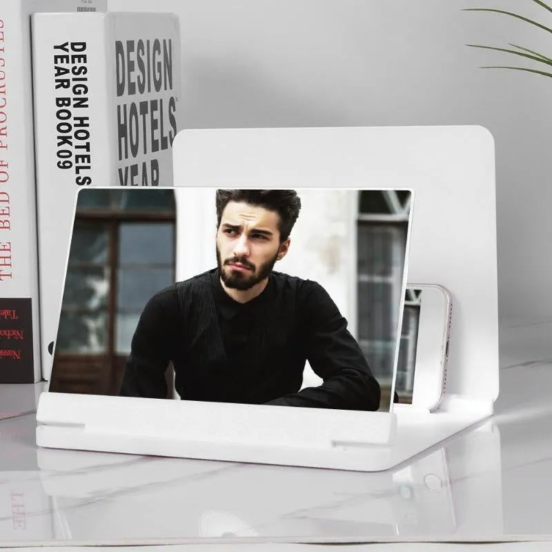 Black portable phone screen amplifier with 9 inch screen and integrated smartphone holder