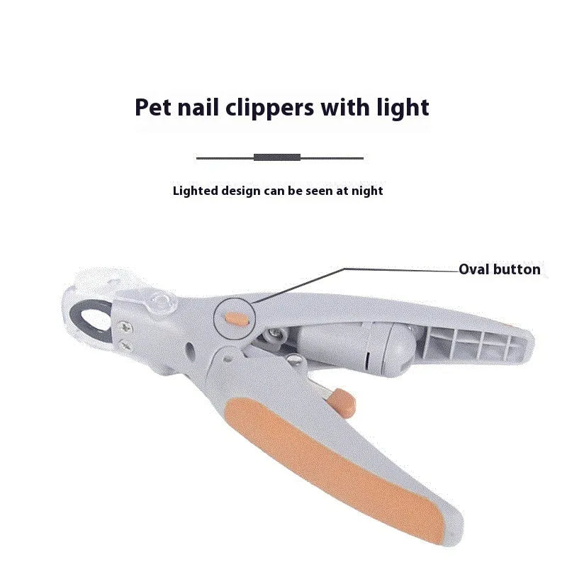 Pet nail clipper for dogs and cats with LED light to illuminate the quick blood line, ABS plastic construction, 14.5cm length, powered by 3 LR44 button batteries included