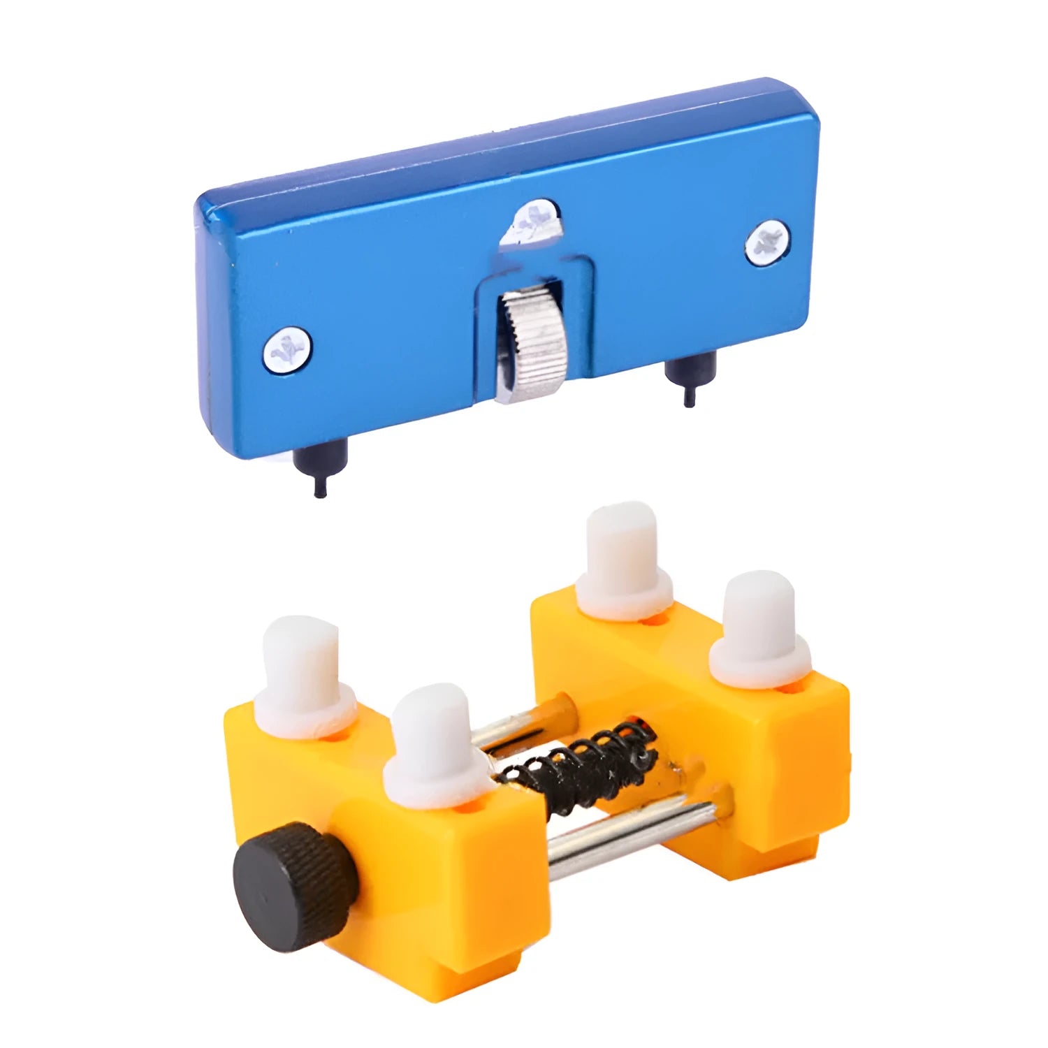 Yellow plastic watch case opener tool set with fixing base for battery replacement