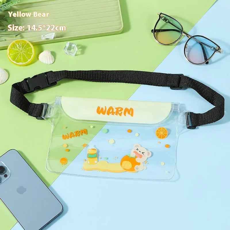 Waterproof PVC phone waist bag with adjustable waistband and touch screen, cartoon animal design, free size