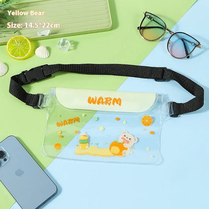 Waterproof PVC phone waist bag with adjustable waistband and touch screen, cartoon animal design, free size