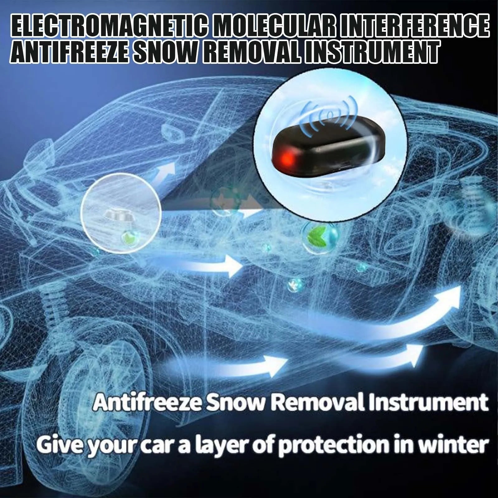 Black compact car de-icing tool for melting sleet and snow on vehicle windscreens.