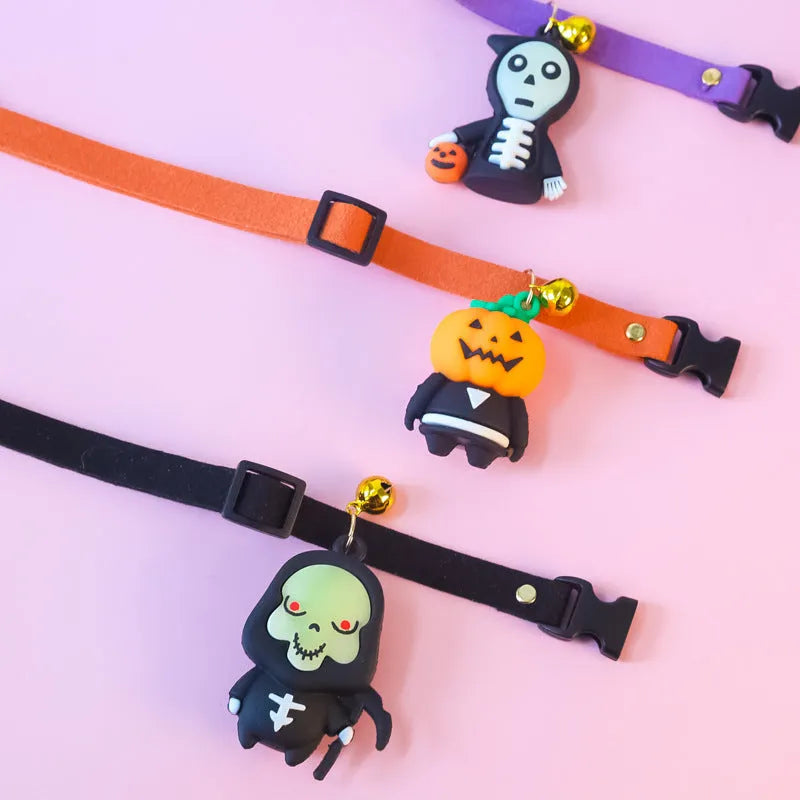 Halloween pet collar with luminous designs in Pumpkin Man, Luminous Brat, and Luminous Skull patterns, adjustable sizes 16-56cm