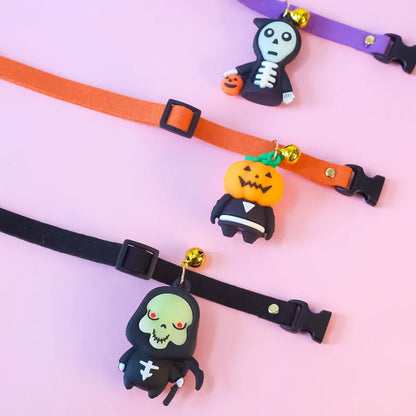 Halloween pet collar with luminous designs in Pumpkin Man, Luminous Brat, and Luminous Skull patterns, adjustable sizes 16-56cm