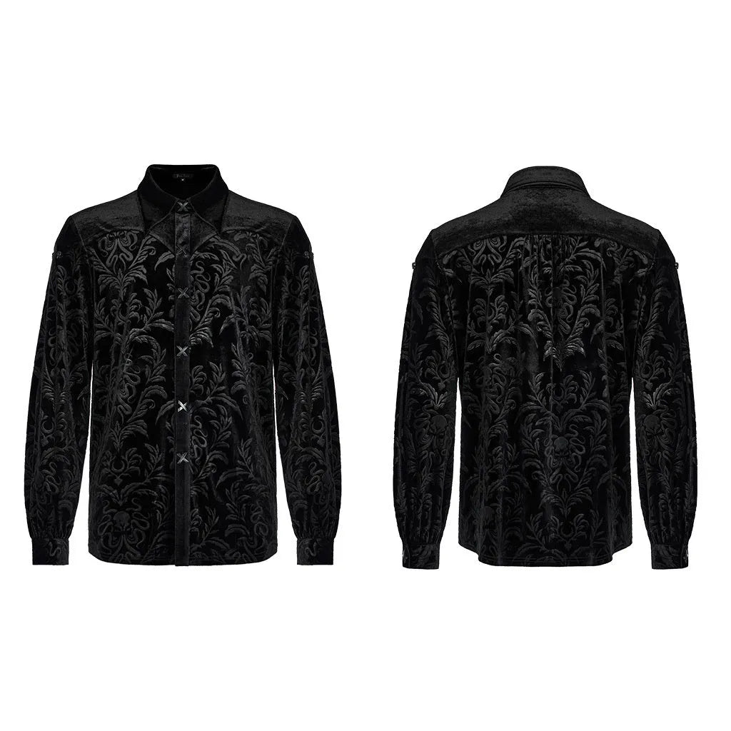 Black men's velvet shirt with pointed collar, long sleeves, and decorative printing and flocking fasteners.