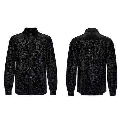 Black men's velvet shirt with pointed collar, long sleeves, and decorative printing and flocking fasteners.