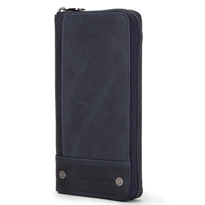 Men's brown genuine leather anti-theft wallet with zipper closure and card swiping function