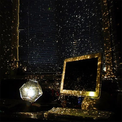 Plastic starry sky projection night light showing constellations on a bedroom ceiling, with remote control.