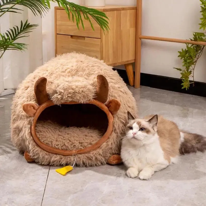 Brown yak shaped semi-enclosed cat cave bed with cover, 45 x 40 x 40 cm, for indoor and outdoor pet use