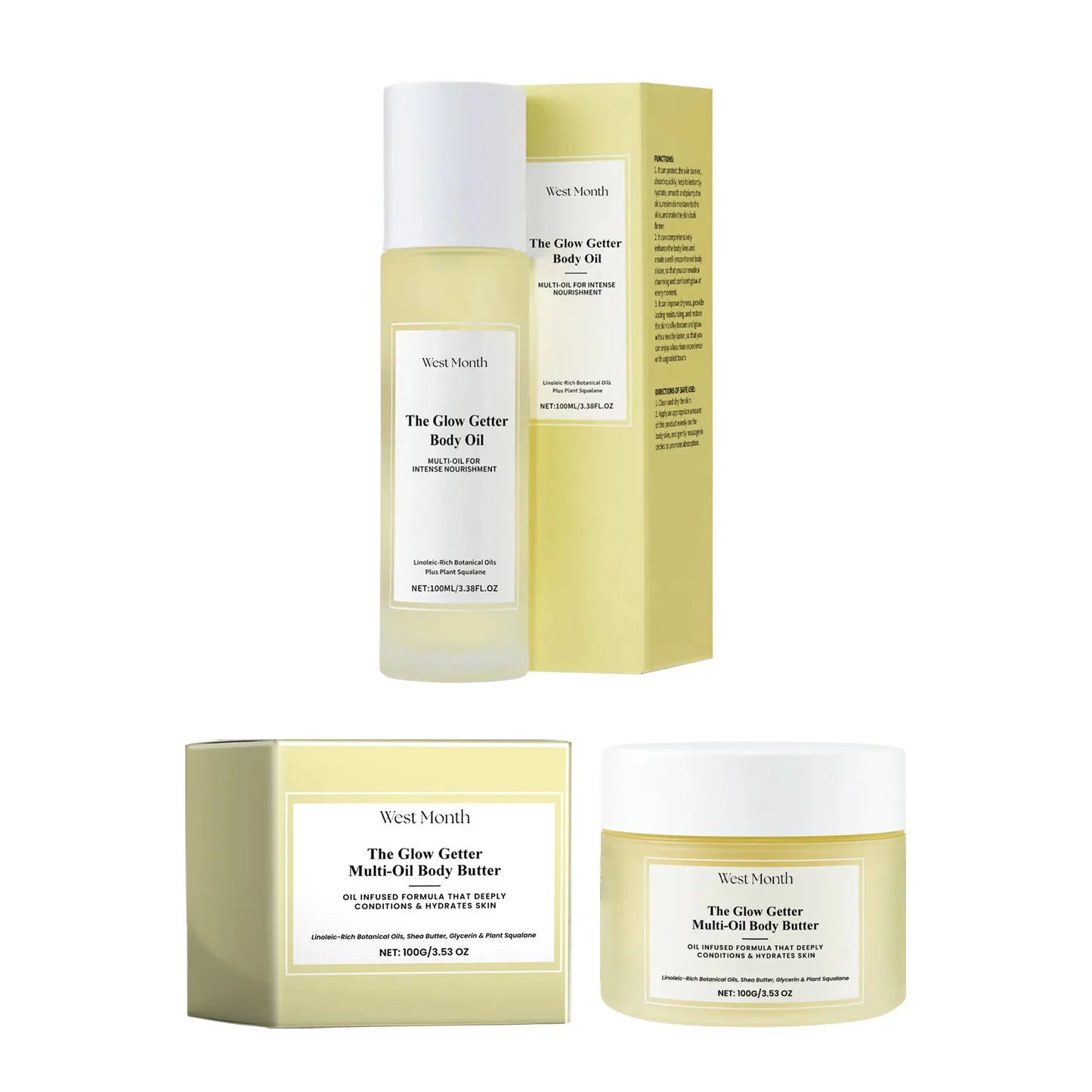 Body care kit with skincare oil bottle and moisturising cream jar for nourishing and firming massage