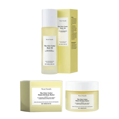 Body care kit with skincare oil bottle and moisturising cream jar for nourishing and firming massage