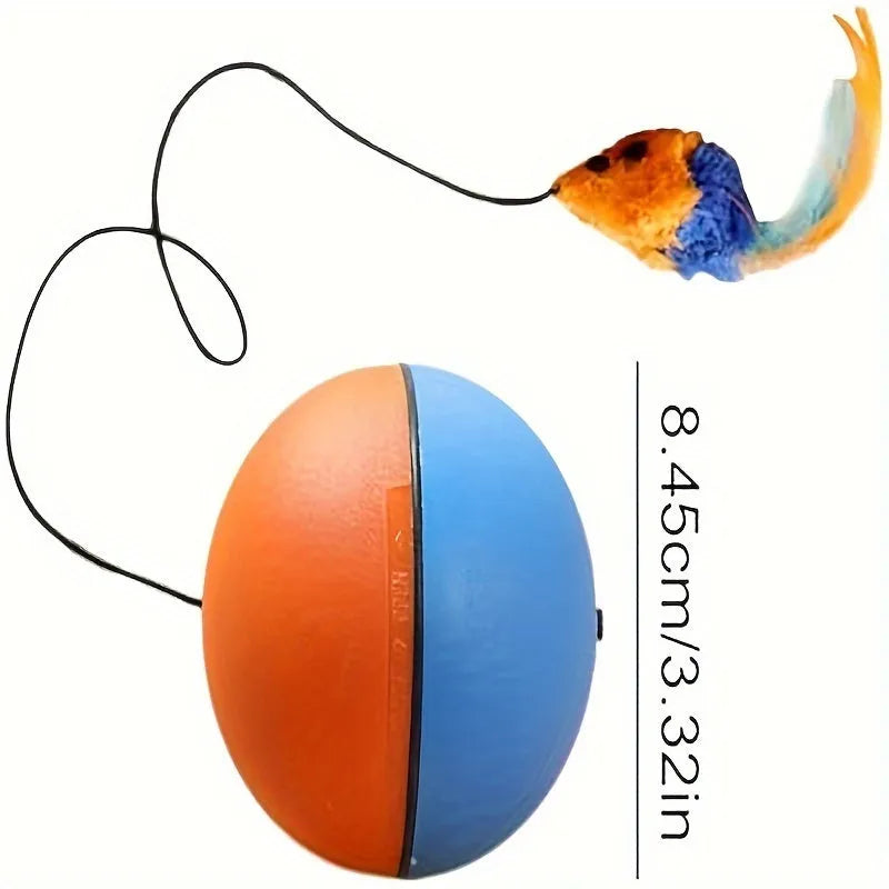 Interactive cat toy with ball plush mouse design, measuring 8.5 x 8.5 x 9 cm and weighing 140 grams, for feline exercise and entertainment, available in blue and orange colour options with additional grey and orange variants