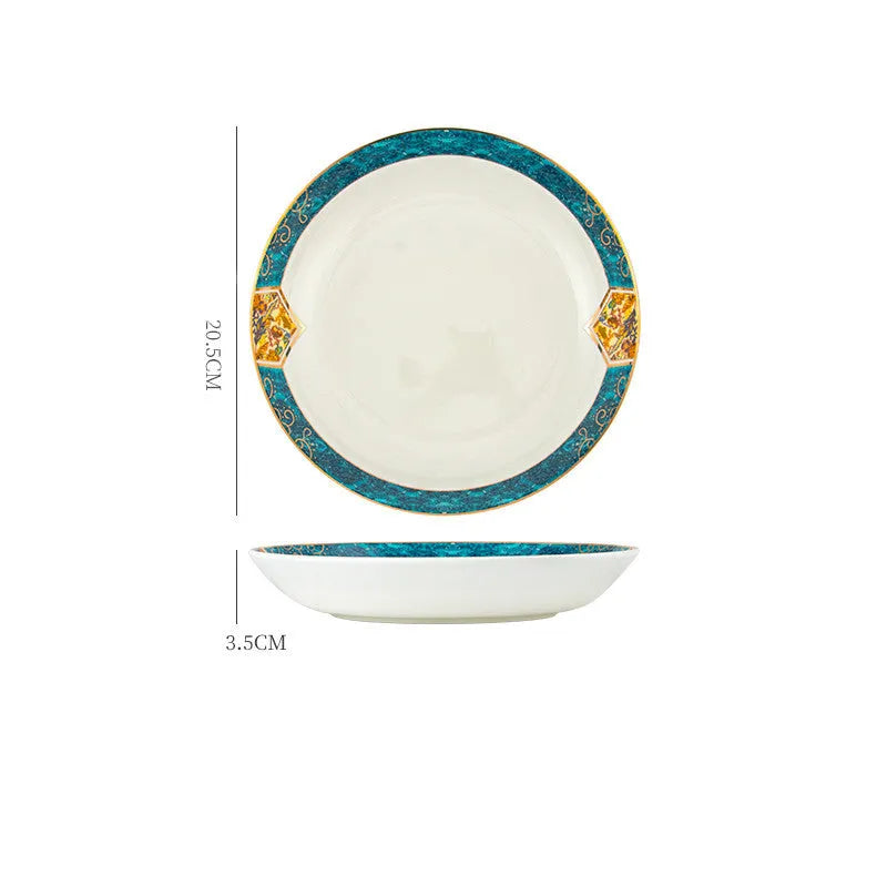 Round porcelain dinner plate with Nordic plant and flower design, flat disk shape, glaze colour finish