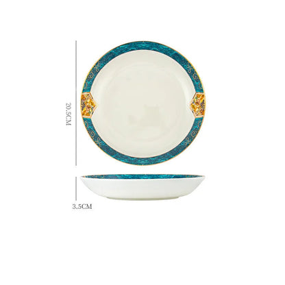 Round porcelain dinner plate with Nordic plant and flower design, flat disk shape, glaze colour finish