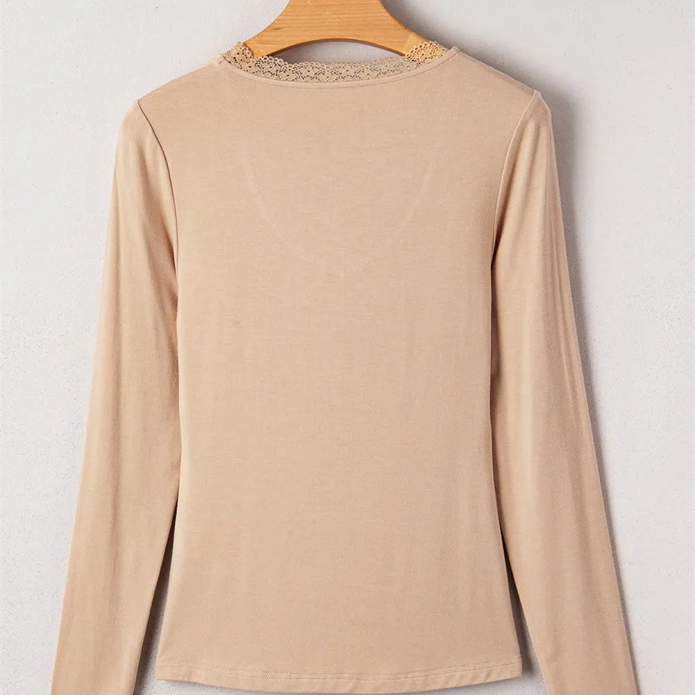 Women's solid colour long sleeve casual top with lace trim in slim fit Japanese Korean style