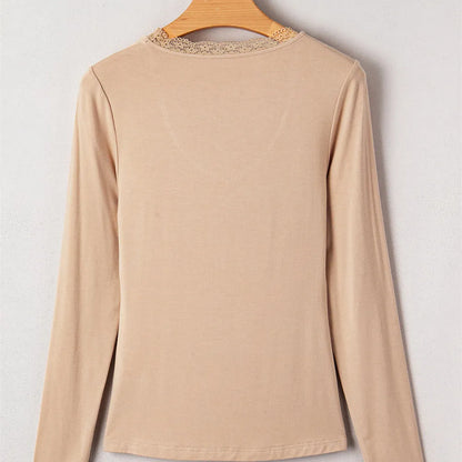 Women's solid colour long sleeve casual top with lace trim in slim fit Japanese Korean style