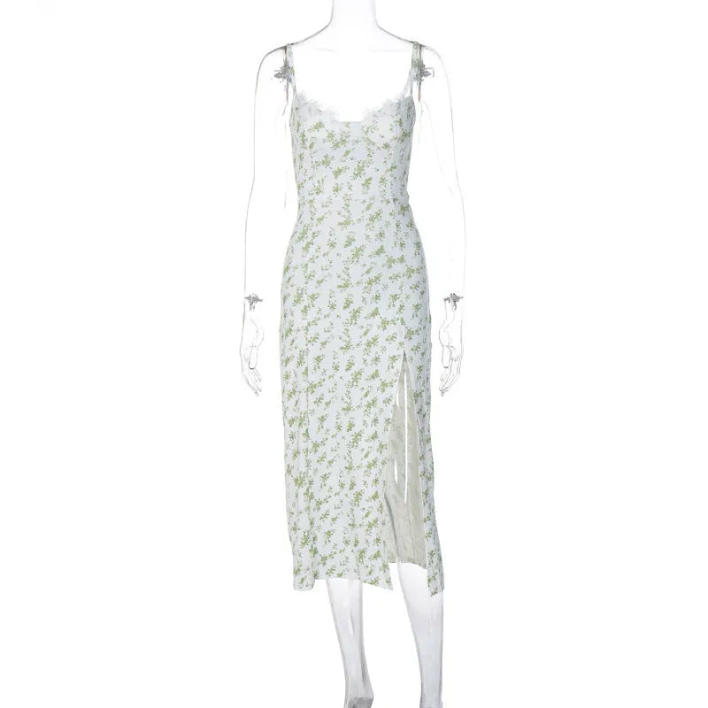 Women's long summer dress with lace flowers print, slit, and suspender straps in polyester fibre