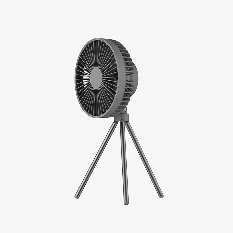 White camping fan mounted on aluminum tripod with Type-C charging cable