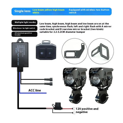 Motorcycle LED spotlight kit with wire group, mirror switch, mounting bracket, and cable ties.