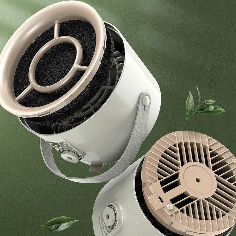 2024 portable desktop exhaust fan in Milky White colour with USB cable and tripod, dimensions 180x108x420mm