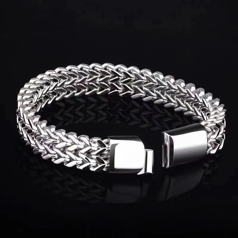 Silver stainless steel hip hop bracelet with geometric pattern showing front and back design