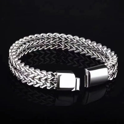 Silver stainless steel hip hop bracelet with geometric pattern showing front and back design