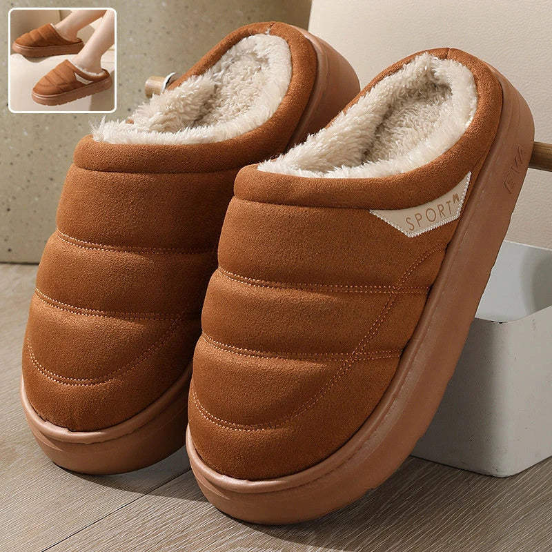Cozy plush slip-on slippers in various colors, featuring a soft suede-like upper and a supportive EVA sole for maximum comfort and warmth.