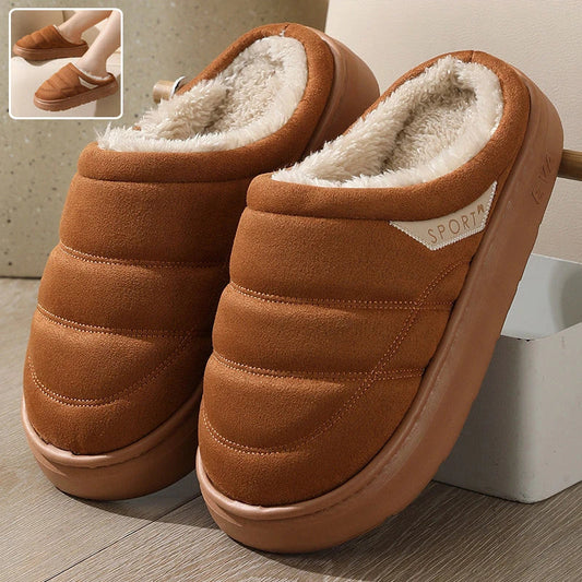 Cozy plush slip-on slippers in various colors, featuring a soft suede-like upper and a supportive EVA sole for maximum comfort and warmth.