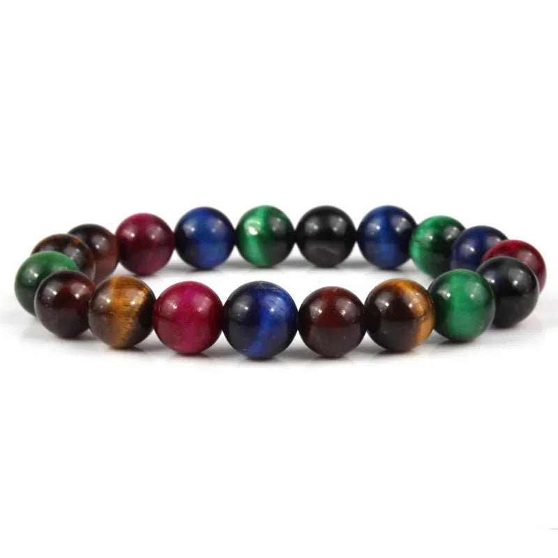 Natural tiger eye crystal bead bracelet showing round geometric beads on a wrist, available in multiple sizes and colour variations.