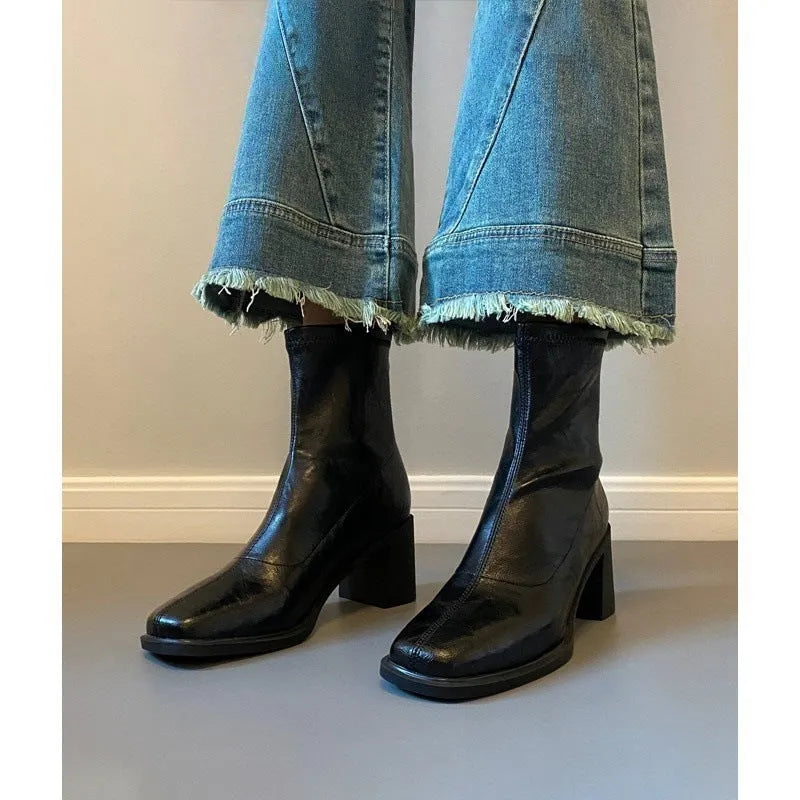 Women's Retro Stretch Ankle Boots with Chunky Mid Heel, Square Toe, Back Zip, Rubber Sole, Microfiber Upper, Waterproof Platform, Sizes 35-40, Black or Brown, Leather or Velvet Lining