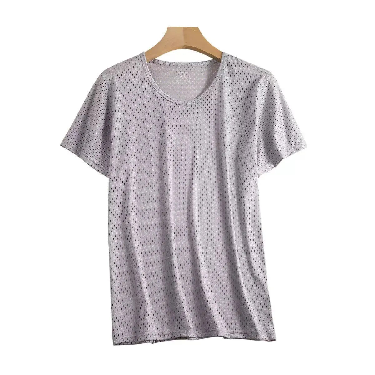 Man wearing a solid colour ice silk short sleeve t-shirt with a crew neck in a loose, casual fit for summer.