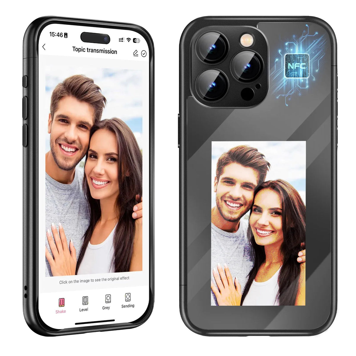 Black iPhone 15 Pro Max flip phone case with a custom graphic displayed on its integrated E Ink screen.