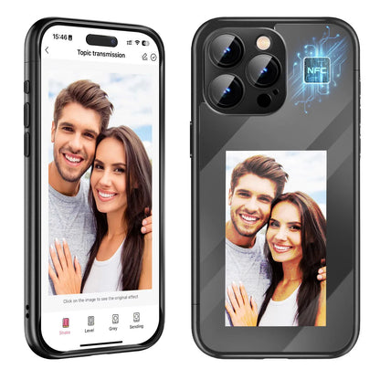 Black iPhone 15 Pro Max flip phone case with a custom graphic displayed on its integrated E Ink screen.