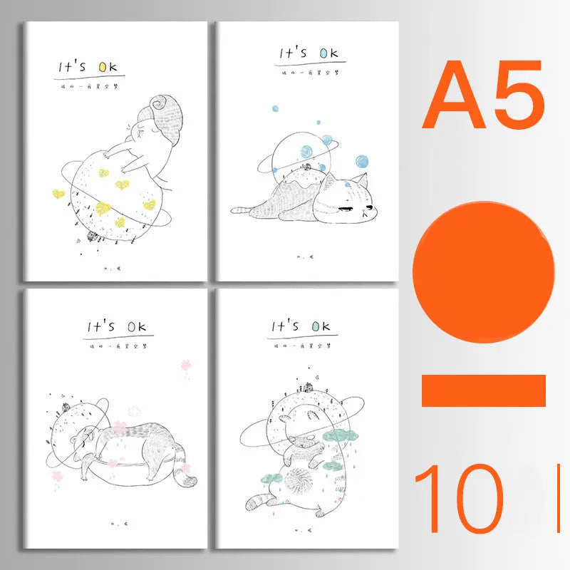 Pack of ten A5 kraft paper thread-bound notebooks with artistic cover designs lying flat.
