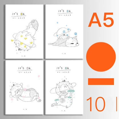 Pack of ten A5 kraft paper thread-bound notebooks with artistic cover designs lying flat.