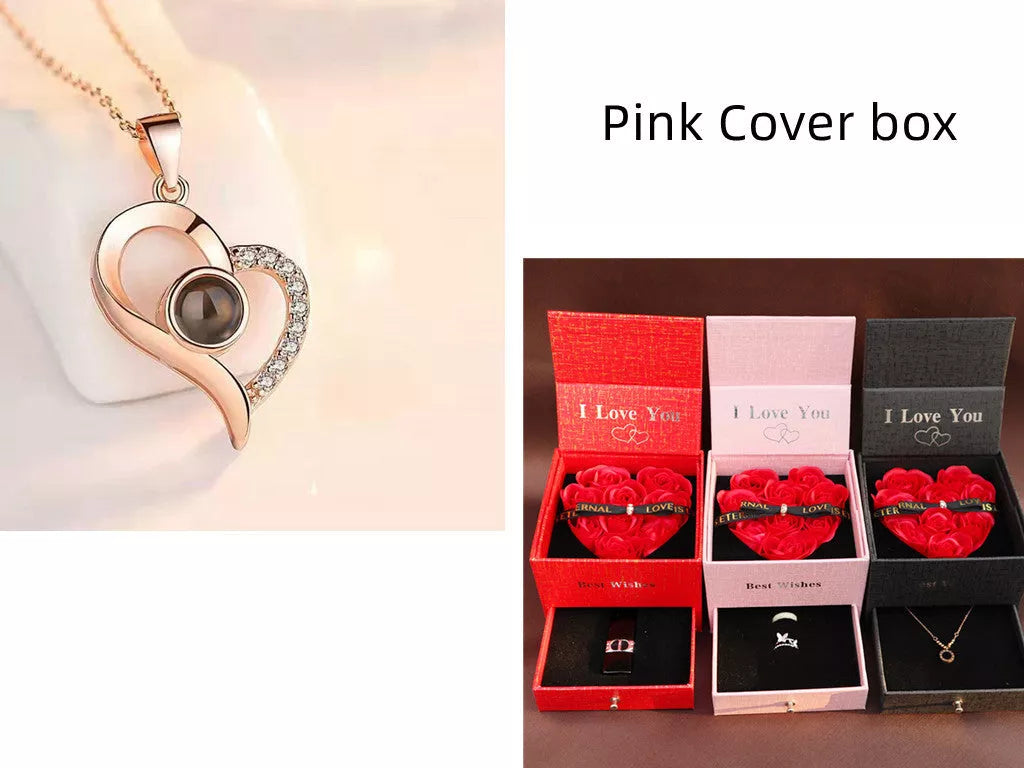 Valentine's Day Metal Rose Jewelry Gift Box Necklace with adjustable crystal necklace and maroon gift box